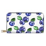 VOSERY Leather Thin Slim Wallets for Women Men - Blueberries berry Print Clutch Wallet for Women Men with Zipper, White