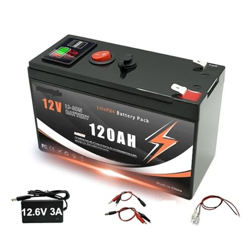 Batería de litio LiFePO4 de 12 V y 150 Ah con BMS integrado for carga solar, ideal for sondas de pesca, camping y uso fuera de la red eléctrica. Incluye puerto USB.(120Ah charger)