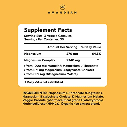 Amandean Magnesium L-Threonate Complex. Threonate, Glycinate, Malate Supplement. 90 Veggie Capsules. High Absorption Magtein + Bisglycinate Chelate + Dimagnesium Malate. Brain Health, Sleep, Calm*. #TOP1