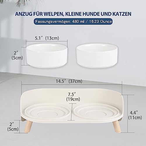 Katzen Napfset Katzennapf Erhöht Keramik - Doppelt Katzennäpfe mit Rutschfestem Ständer und Spritzschutz - Fressnapf Katze Napf - Futternapf Wassernapf Set für Welpen Kleine Hunde - 2 x 480 ML