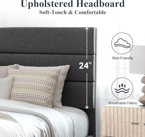 Image of Wooden Modern Upholstered Queen Size Bed for Bedroom | Wooden Double Bed Without Storage | Platform Cot Upholstered Bed with Upholstery Fabric | 6.5 x 5 Ft | Dark Grey Khaza Eithan