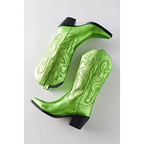 keleimusi Women's Embroidered Metallic Cowboy Boots Western Wide Calf Cowgirl Boots Pull-On Pointed Toe Mid Heel Retro Fashion Boots4