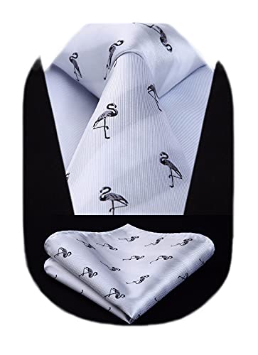 HISDERN Men s Ties Flamingos Animal Pattern Necktie Handkerchief White Classic Novelty Jacquard Business Party Necktie Pocket Square Set