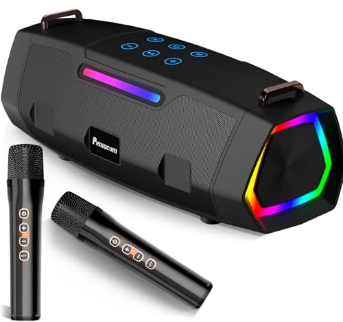 Pemacom Portable Bluetooth Karaoke Machine - 60W Powerful Speaker with 2 Wireless Microphones, RGB Lights, Lightweight with Shoulder Strap, Perfect for Adults & Kids, Home & Outdoor Party