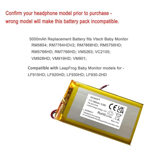 5000mAh Battery Replacement for Vtech RM7764-2HD, RM5854HD, RM7766HD, VM5263, VC2105, RM7868 2HD, VM928HD, VM901, RM5766HD, VM919HD, Leapfrog LF915, LF920, LF930 HD Video Baby Monitor by XINLANTECH - Image 3