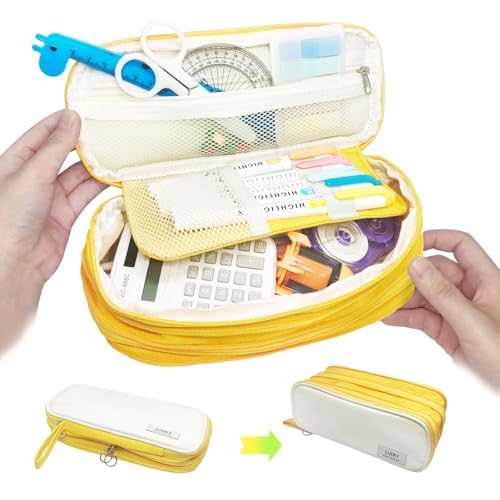 Image of Pencil Case Large Capacity Pouch Bag with Zippers, Expandable Pen Bag Storage Holds 50-100 Pencils, Colors Pencil Box Organizer Case Office School Supplies for Girls Boys Adults(Yellow)