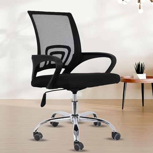 Image of NORMAN JR, Ergonomic Desk Chair Mesh Computer Chair with Lumbar Support Armrest Executive Rolling Swivel Adjustable Mid Back Chair - Solid Black & Black Handle