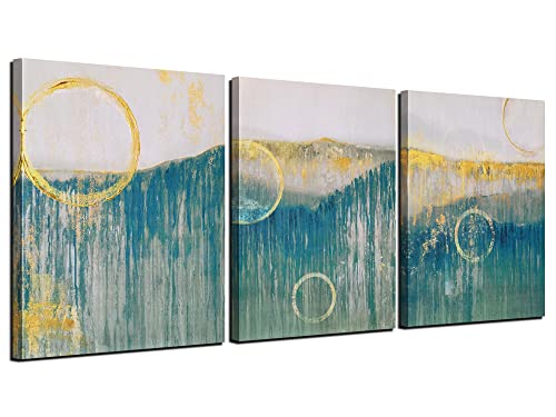 Ardemy Abstract Wall Art Teal Circle Blue Mountain Paintings Modern Blue Pictures Geometric Pattern Artwork Framed 12"x16"x3 Panels for Bathroom Living Room Bedroom Dinning Room Home Office Wall Decor
