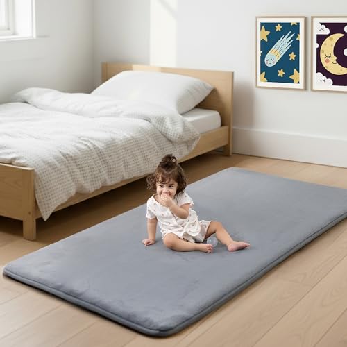 Image of 1.3 inch Thick Baby Bedside Floor Mat Plush 28x72 Runner Rug Light Grey
