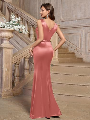 Image of Miusol Women's V-Neck Sleeveless Elegant Satin Ruched Slit Party Formal Maxi Dress