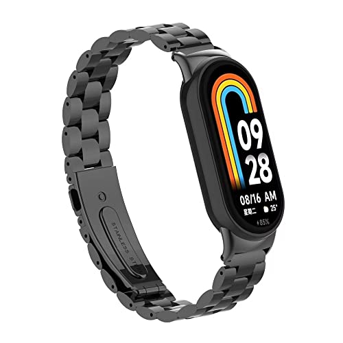 T-BLUER Compatible for Xiaomi Mi Smart Band 8 Strap,Mi Band 8 Stainless Steel Metal Replacement Band Bracelet Wristband Accessories for Xiaomi Smart Band 8 Black - Image 2