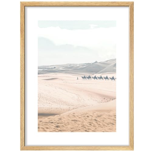 SIGNWIN Framed Poster Camel Caravan in Desert Stunning Desert Landscape with Camels Illustrations Nature Wilderness Minimalist Decorative for Living Room, Bedroom, Office - 8"x10" Natural