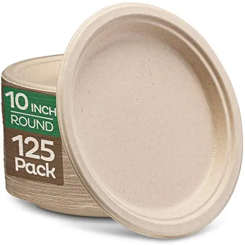 Paper Plates, 100% Compostable Heavy Duty Disposable 10 Inch Plate - [125-Pack] - {PFAS-Free} - {BPI Certified} Eco-Friendly, Biodegradable Bagasse Natural Brown 10&#34; Dinner Plates - By Stack Man
