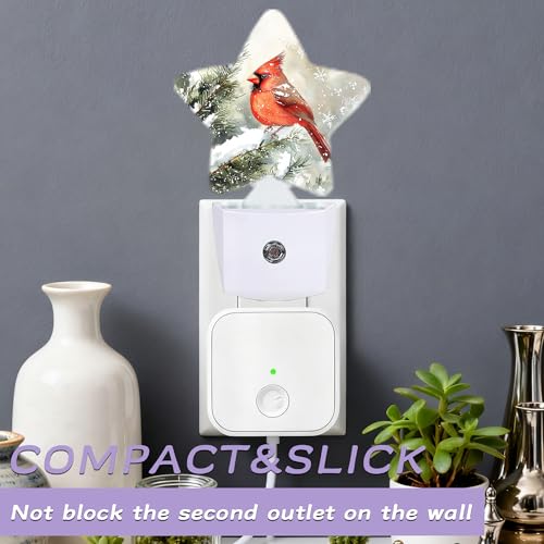 Image of Cardinal Bird Decorative Nightlight Plug in Wall,Christmas Star Shaped Night Light with Built in Sensor for Home Decor,Kitchen Hallway Stairs Desk Lamp