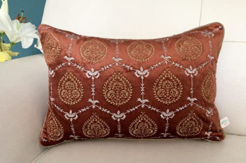 Image of TARA- Sparkling Homes 12 x 18 Inches Embroidered Velvet Cushion Covers, 'Padmini' from 'The Royal Collection', Set of 1 (Burnt Orange, 12 x 18 Inches)