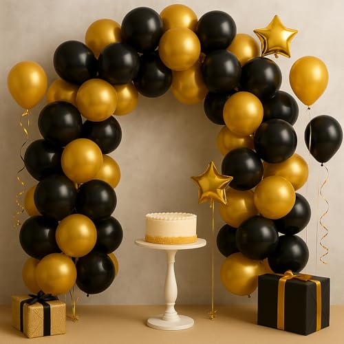 Image of Rozi Decoration Party Decoration Metallic HD Latex Balloons for Birthday /Anniversary /Baby Shower Black and Gold, Pack of 200 Piece