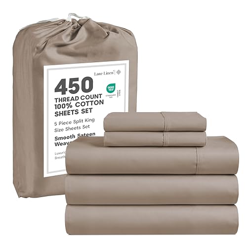 LANE LINEN Split King Sheet Set  450 Thread Count 100% Cotton Cooling Sheets, Soft Breathable Sateen Weave, 15 Deep Pocket Fully Elasticized Fitted Sheet, Luxury Bedding Sheets & Pillowcases, Taupe