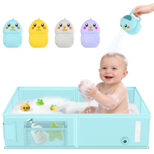 Collapsible Baby Bathtub, Foldable Toddler Bath Tub with Chick Pattern Bath Rinse Cup, No Assembly Portable Travel Bathtub for 6M-5Y, Ideal for Shower, Travel Essentials &amp; Baby Registry Gift