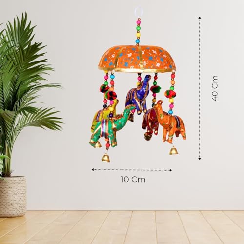 Image of Rajasthani Multicolor Elephants Jhoomer with Bell - Decorative Wind Chimes for Door & Wall Hanging, Ideal Home Decor & Gift Showpiece (Orange)