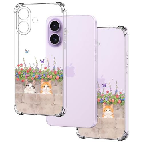 HopMore Transparente Funda para iPhone 17 Carcasa Delgada Protección con Aesthetic Flores Flor Motive Diseño, Fina Suave TPU Silicona Caso Clara Cárcasa Antigolpes Case Cover, Gatitos
