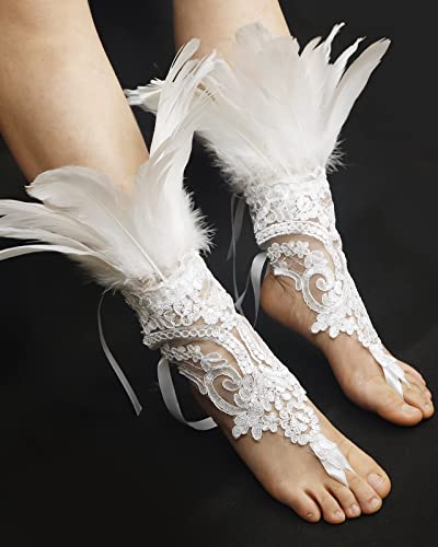 Uqje Women's White Feather Lace Long Gloves Witch Spider Web Wrist For Halloween Pack Of 2 #TOP5