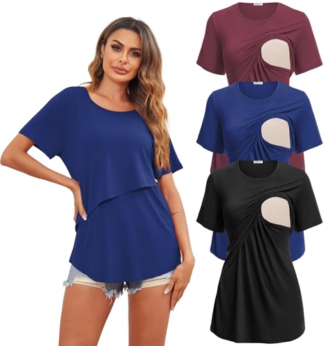 Image of Ekouaer Women's Maternity Shirts Short Sleeves Nursing Tops 3 Pack Double Laye Breastfeeding Tees Pregnancy Clothes S-XXL