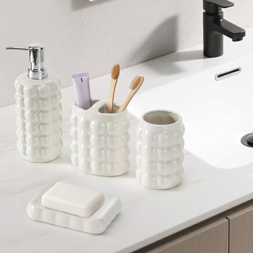 4 Piece Ceramic Bathroom Accessories Set –Soap Dispenser,Toothbrush Holder,Tumbler & Soap Dish,Includes Silicone Funnel,Non-Slip,Modern Farmhouse Countertop Organizer Set for Bathroom Decor, White — view 2