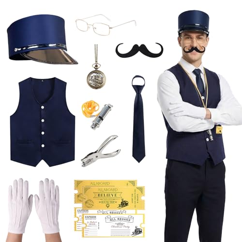 11 Pcs Train Conductor Costume Set for Adults Conductor Hat Vest Tie Glasses Beard Pocket Watch Whistle Gloves Ticket Puncher with 2 Tickets Christmas Holiday Party Dress Up Accessories Blue