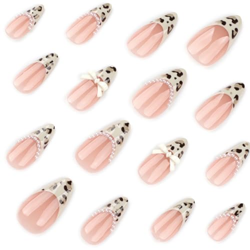 Image of Leopard Print Press on Nails Medium Almond Fake Nails French Tip False Nail with Pearl Design Bow Glue on Nails Glossy Artificial Acrylic Full Cover Stick on Nail for Women Manicure 24Pcs