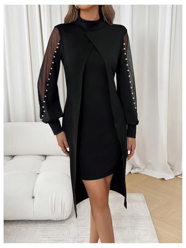 Image of WDIRARA Women's Pearls Beaded Mesh High Waist Dress Mock Neck Long Sleeve Bodycon Midi Dresses
