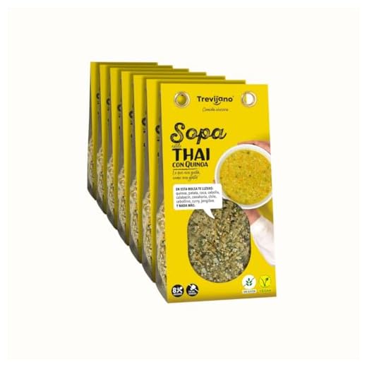 Sopa Thai Trevijano: 7 bolsas de 200g cada una. Cada bolsa contiene 8 raciones de sopa Thai, una mezcla de vegetales entre los que se encuentra el coco, el curry o la quinoa real.