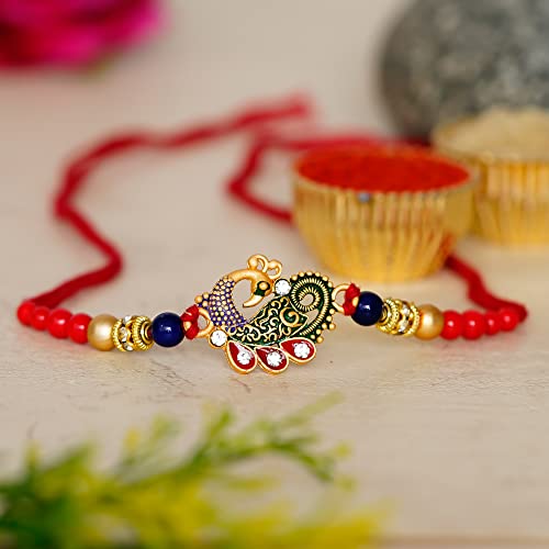 Image of eCraftIndia Red & Blue Peacock Designer Rakhi, Best Bro Ever Fridge Magnet with Roli Chawal Pack - Rakhi for Brother, Bhaiya, Bhai