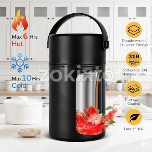 Image of Insulated Lunch Box 500ml Stainless Steel | Thermal Food Flask & Food Jar with Folding Spoon | Leakproof Tiffin Box for Office, School, Travel | Hot & Cold Food Container (Black)