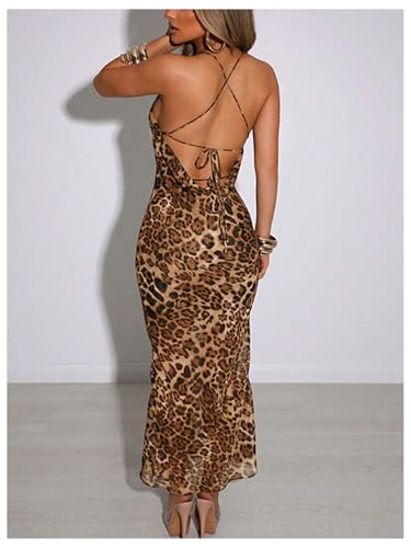 Image of Floerns Women's Leopard Draped Halter Neck Dress Criss Cross Tie Back Party Midi Dress