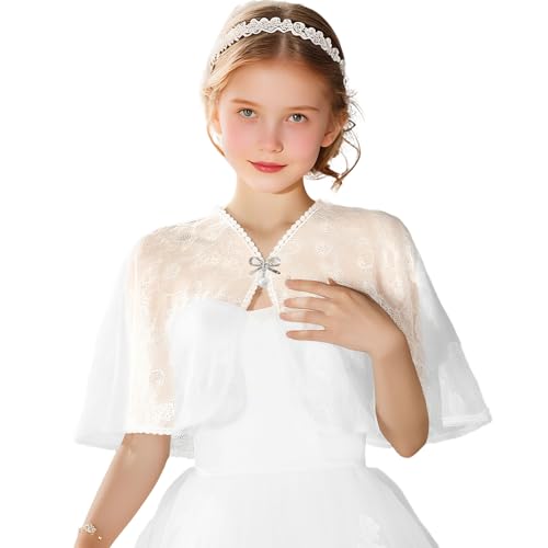 White Girl Floral Embroidered Lace Shawl and Warps for Teen, Elegant Lace Wedding Shawls Guest Flower Girl