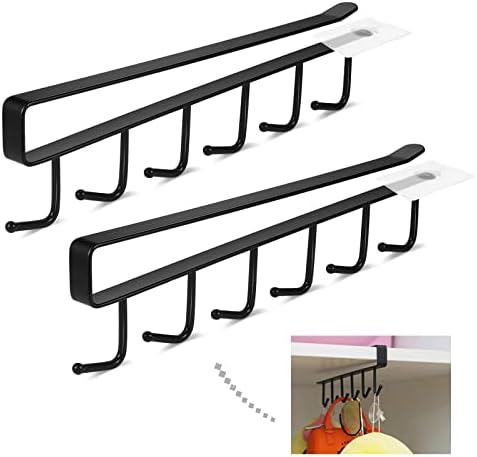 FANJURNEY 2PCS Mug Hooks Under Shelf Mug Holder Cups Storage Rack Drilling Free Coffee Cups Holder Kitchen Belts Scarf Hanging Hooks Rack, Fit for Flat Buttom Cabinet Without Any Lip