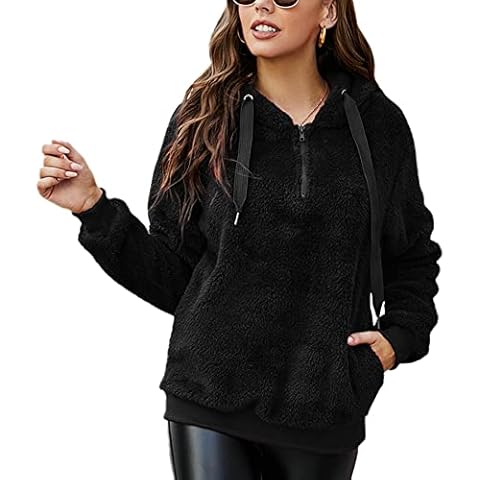 Shin Fashion 2021 Women’s Warm Fleece Shaggy Hoodies Loose Fuzzy Sweatshirt Hooded with Pockets Outerwear, Black, Medium Cover