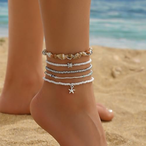 Image of Ankle Bracelets for Women Stretch Boho Pearl Bead Gold Anklets Layered Sequins Foot Chain Hawaiian Beach Conch Summer Vacation Travel Foot Jewelry