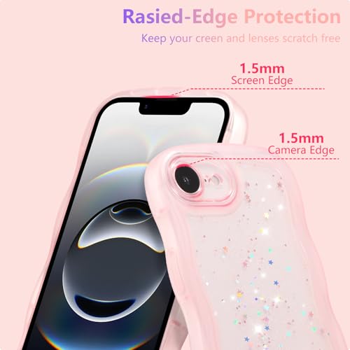 ZTOFERA iPhone 16e用透明ケース いphone16e クリアケース かわいい ウェーブ シェイプ おしゃれ キラキラ 星 スマホケース ソフトTPU バンパーケース 軽量 耐衝撃 人気 韓国 アイフォン16e カバー(ピンク)