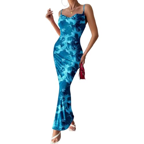 Image of Womens Summer Casual Floral Dresses Spaghetti Strap Bodycon Maxi Beach Dress Elegant Evening Party Long Dresses (US, Alpha, Large, Regular, Regular, Z Blue)