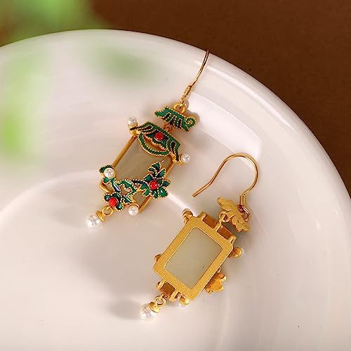 Boucles d'oreilles Hetian jade et perles en porcelaine émaillée de style cour