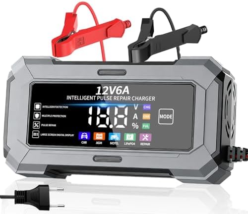 TANYO Autobatterie Ladegerät, 12V 6A, Intelligentes Reparaturmodus | 10 Fach Schutz, Temperaturkompensation, LCD-Display, für Auto, Motorrad, AGM und LiFePO4 Batterien