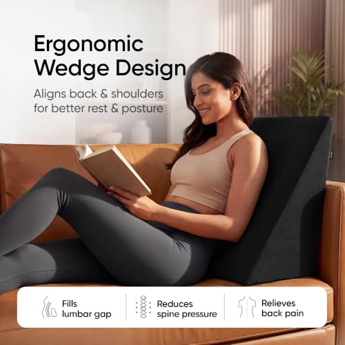 Image of Frido Wedge Plus Cushion for Sleeping & Acid Reflux Relief | Memory Foam Pillow | High Resillience Foam | Orthopedic Wedge Cushion for Leg Elevator | Pregnancy | GERD | Black - Pack of 1