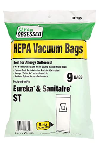Clean Obsessed H-10 HEPA Bags Fits Eureka & Sanitaire Type ST (9 Bag Pack)