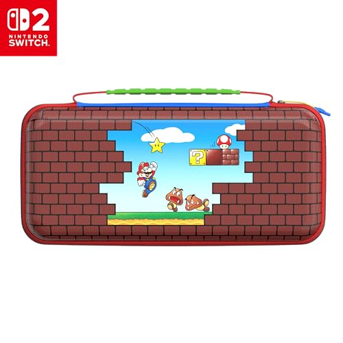 Turtle Beach PlayTrek Travel Case Officially Licensed for Nintendo Switch 2, Nintendo Switch/OLED, Hard Shell Carrying Case, Game Card Case, Storage, Protection – Mario Bricks Red/Blue