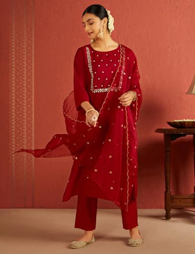 Image of Kaari Women's Hand Embroidered Kurta Set with Dupatta - Straight Fit | Silk Blend Fabric with Dabka Work | Sequin Work Organza Dupatta | Straight Pant with Side Pocket | Kurta Set For Women
