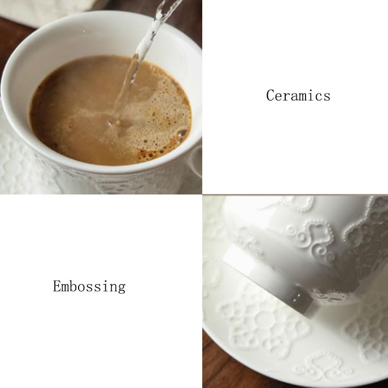 Porcelanowy kubek do kawy ze spodkiem, Światło Zestaw filiżanek i spodków do kawy z europejską płaskorzeźbą, popołudniowej herbaty, biały 12,5 x 8,7 cm