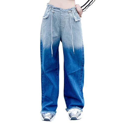 Girls Baggy High Waisted Jeans Gradient Color Tassel Edge Kids Hip Hop Denim Pants Drawstring Aesthetic Elastic