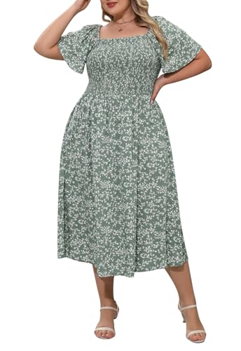 Nemidor Plus Size Summer Print Midi Boho Dress for Curvy Women Casual Smocked Floral Long Beach Dresses with Pocket 16-26