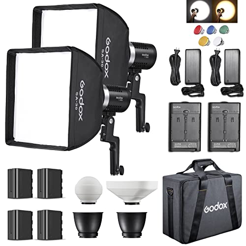 Godox ML30Bi-K2 LED Light, Portable Handheld LED Video Light,2800K-6500K CRI 96+ TLCI 97+, 21 Lighting Effects, Silent Mode, with 2X Godox SF-3030 Softbox + Soft Light Ball + 4X NP-F750 Battery + Bag…